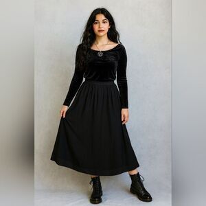 Black Front Pleat Fit Flair Skirt S Below Knee Modest Zip Back Maxi Midi Whimsig
